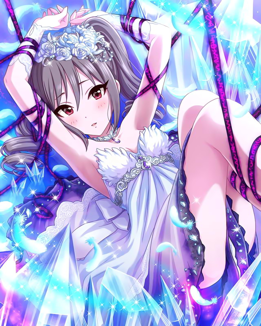 1girl artist_request blush crystal dress drill_hair feathers flower hair_flower hair_ornament highres idolmaster idolmaster_cinderella_girls jewelry kanzaki_ranko looking_at_viewer necklace official_art red_eyes silver_hair solo sparkle twin_drills twintails upscaled waifu2x white_dress