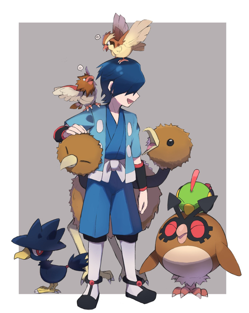 1boy animal_on_head bird bird_on_head black_wristband blue_hair blue_jacket blue_kimono blue_pants doduo falkner_(pokemon) highres hoothoot jacket japanese_clothes kimono kneehighs male_focus murkrow natu on_head open_clothes open_jacket pants pidgey pokemon pokemon_(creature) pokemon_(game) pokemon_hgss pokemon_on_head sash short_hair short_sleeves spearow tyako_089 violet_city wristband