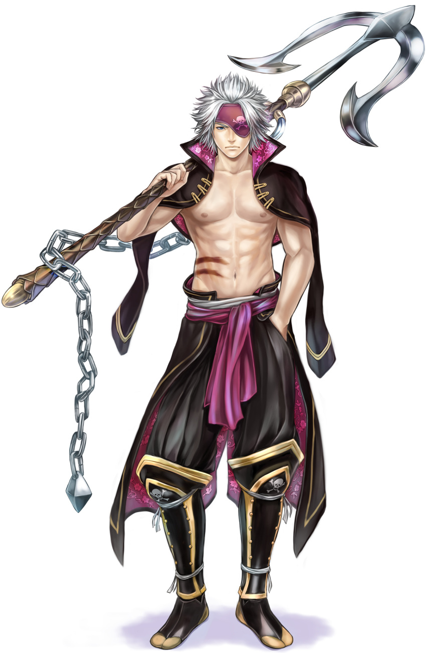 1boy abs armor black_pants blue_eyes boots chain collarbone expressionless eyepatch grey_hair hand_in_pocket highres holding_weapon light_background looking_at_viewer male_focus muscle navel ohse open_clothes pants sengoku_basara serious shirtless shoes short_hair simple_background solo standing weapon white_background