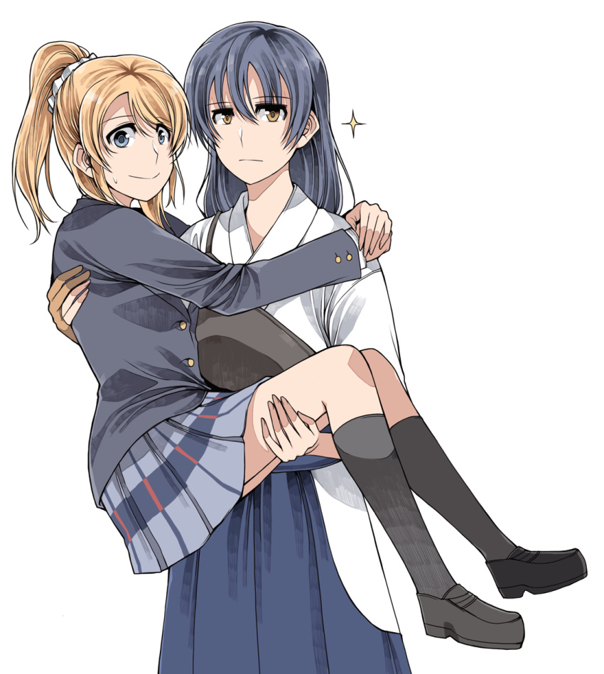 2girls ayase_eli blonde_hair blue_eyes blue_hair carrying clipe highres long_hair looking_at_viewer love_live!_school_idol_project multiple_girls ponytail princess_carry simple_background skirt sonoda_umi white_background