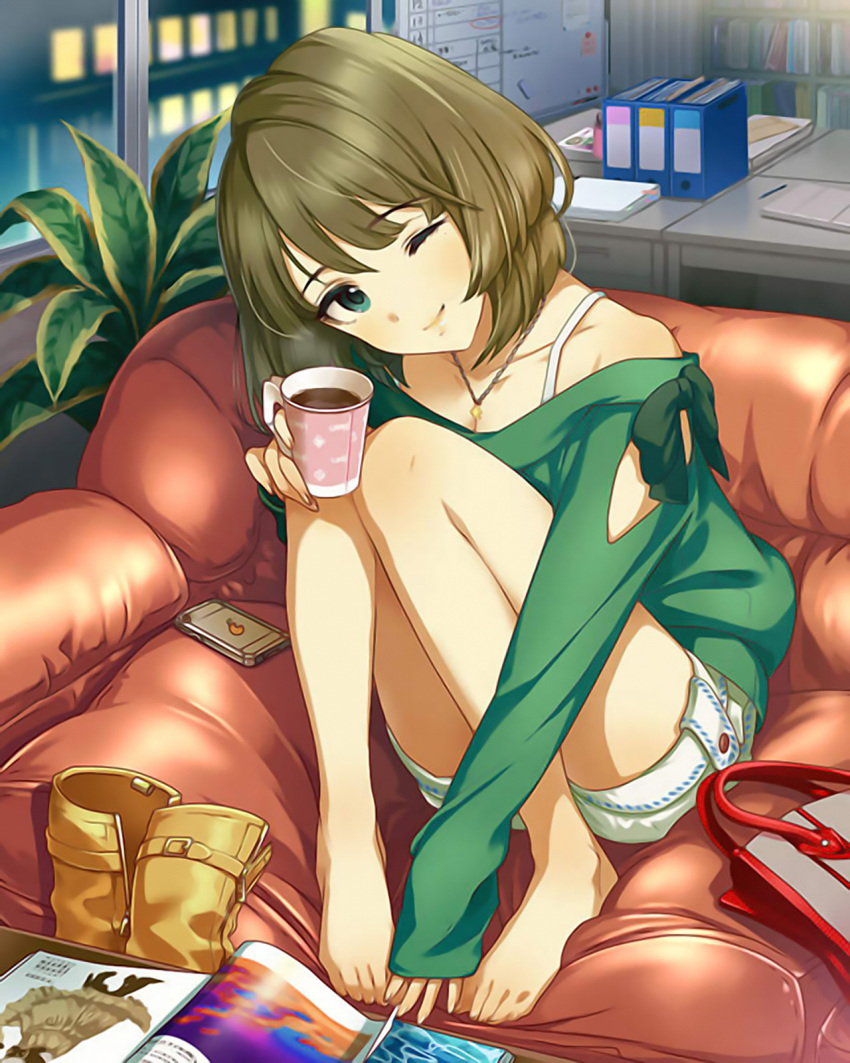 1girl ;) artist_request barefoot belt_boots boots boots_removed cellphone coffee couch feet_on_chair green_eyes green_hair head_tilt highres holding_cup idolmaster idolmaster_cinderella_girls jewelry legs mole necklace no_legwear official_art one_eye_closed paper_cup phone shoes_removed short_hair sleeves_past_wrists smartphone smile solo takagaki_kaede upscaled waifu2x