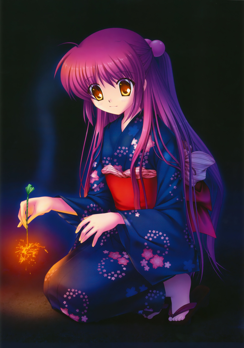 futaki_kanata highres hinoue_itaru huge_filesize japanese_clothes kimono kneeling little_busters! little_busters!! long_hair purple_hair sandals solo yellow_eyes