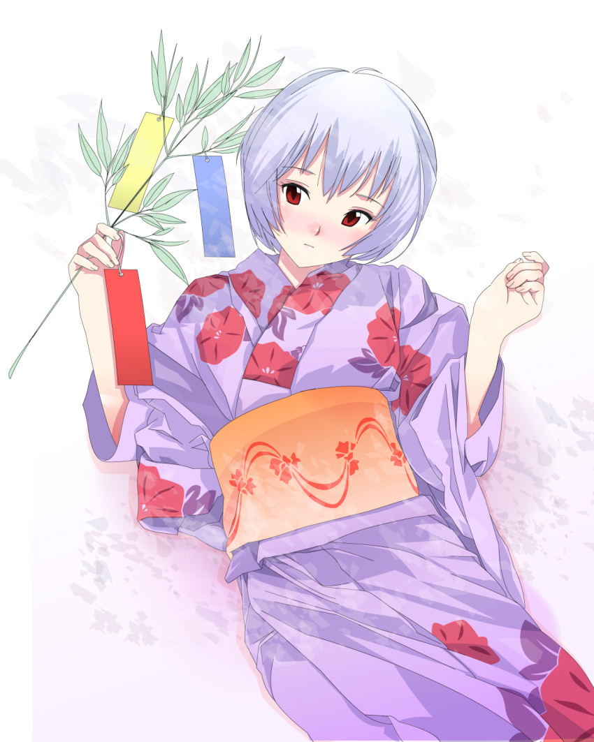 1girl ayanami_rei blue_hair blush breasts highres japanese_clothes kimono nanako_(artist) neon_genesis_evangelion red_eyes solo tanabata tanzaku yukata