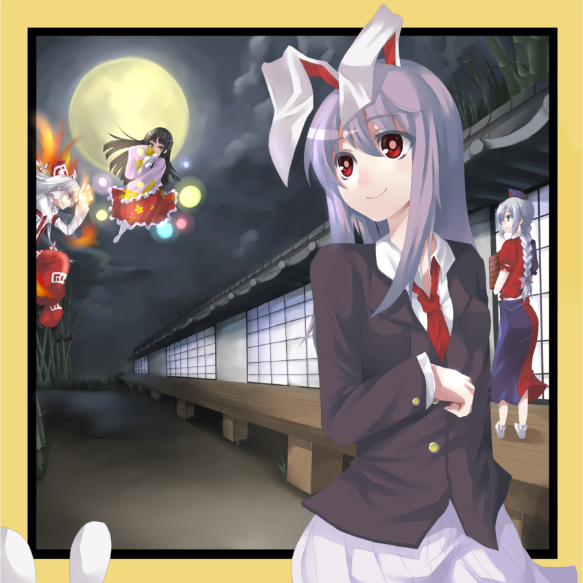 battle black_hair border braid bunny_ears colored_eyelashes danmaku eyelashes fire fujiwara_no_mokou full_moon highres hitoto houraisan_kaguya lavender_hair long_hair moon night rabbit_ears red_eyes reisen_udongein_inaba ribbon silver_hair single_braid smile touhou veranda yagokoro_eirin