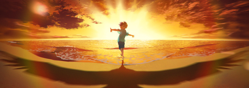 1boy :d absurdres aqua_shirt bangs bare_arms bare_legs barefoot beach bird black_hair blue_shorts child clouds commentary_request different_shadow floating_hair free! from_behind hana_(dqkmb362) highres horizon looking_back male_focus nanase_haruka_(free!) ocean outdoors outstretched_arms scenery see-through_silhouette shirt short_hair short_sleeves shorts sky smile solo spread_arms standing standing_on_one_leg sunrise t-shirt waves yellow_theme