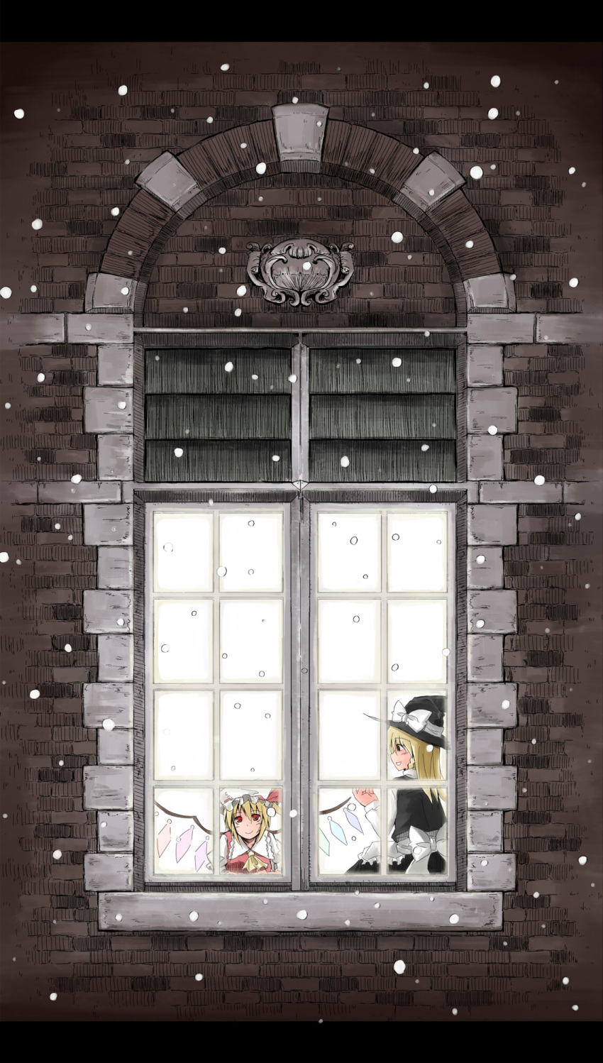 flandre_scarlet highres kirisame_marisa mitsuharu_iseki multiple_girls snow touhou window