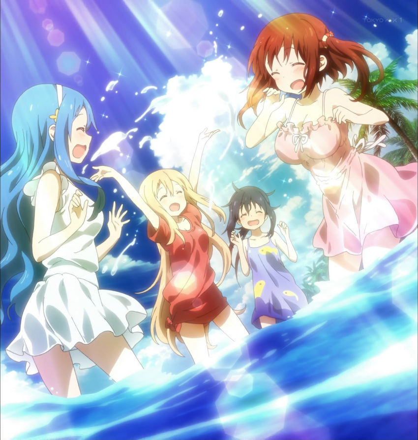 4girls :d ^_^ arms_up bangs bare_shoulders black_hair blonde_hair blue_hair blush breasts cleavage closed_eyes clouds day doma_umaru dress dutch_angle ebina_nana fish_print flat_chest frills hairband happy highres himouto!_umaru-chan large_breasts laughing lens_flare light_rays long_hair messy_hair motoba_kirie multiple_girls ocean open_mouth outdoors palm_tree ponytail profile redhead ribbon screencap short_dress short_sleeves sidelocks sky smile splashing standing sunbeam sundress sunlight tachibana_sylphynford tied_dress tree twintails very_long_hair wading water wavy_hair