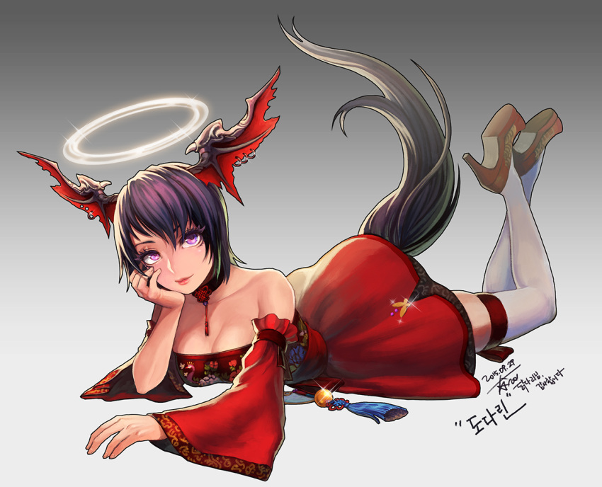1girl 2015 black_hair breasts chin_rest choker dated detached_sleeves dress earrings elin_(tera) full_body glint gradient gradient_background halo head_wings high_heels jewelry looking_up lying noixen number on_stomach shoes short_hair smile solo tail tera_online thigh-highs violet_eyes white_legwear