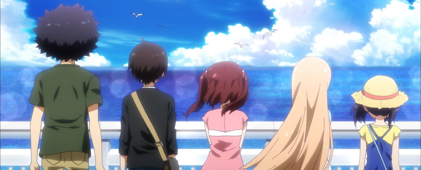 2boys 3girls back_view clouds doma_taihei doma_umaru ebina_nana highres himouto!_umaru-chan motoba_kirie motoba_takeshi multiple_boys multiple_girls ocean screencap sky