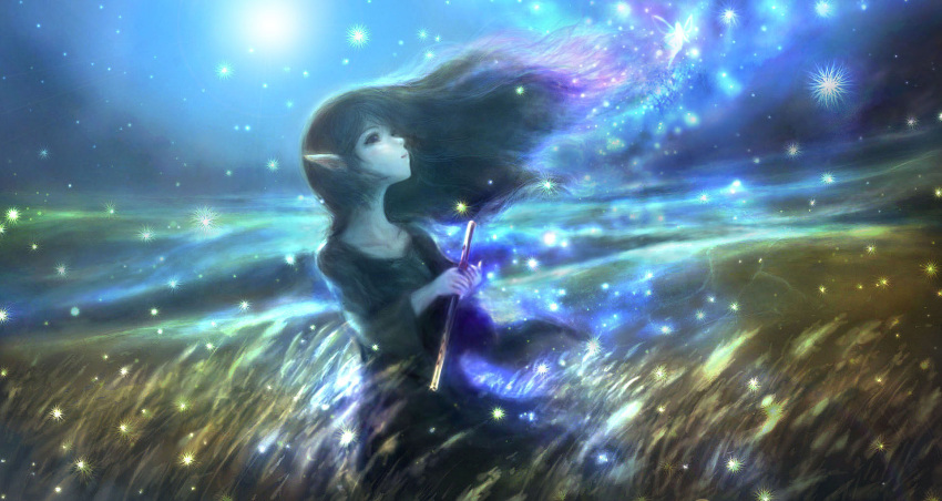 00 1girl blurry collarbone dark dress elf fairy fantasy field flute full_moon highres instrument light_particles light_smile long_hair looking_at_another looking_up magic moon night original pointy_ears scenery silhouette solo wheat wind