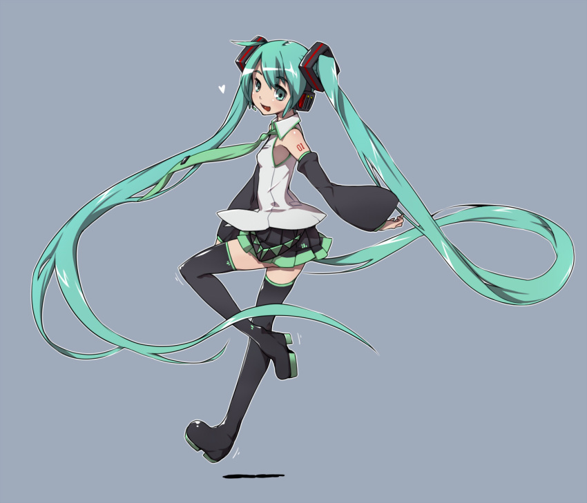 1girl ahoge aize armpits boots detached_sleeves from_side green_eyes green_hair grey_background hatsune_miku headphones headset highres jumping long_hair looking_at_viewer microphone open_mouth ribbon shirt simple_background skirt sleeveless sleeveless_shirt smile solo thigh_boots thighhighs very_long_hair vocaloid zettai_ryouiki