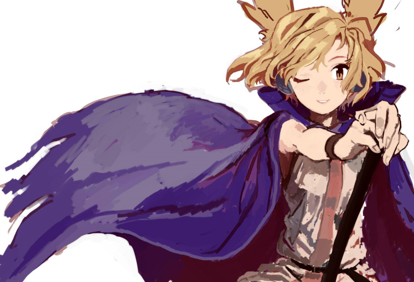 1girl belt blonde_hair cape floating_hair motsuni_(artist) outstretched_arms parted_lips short_hair sleeveless solo touhou toyosatomimi_no_miko white_background wind wink yellow_eyes