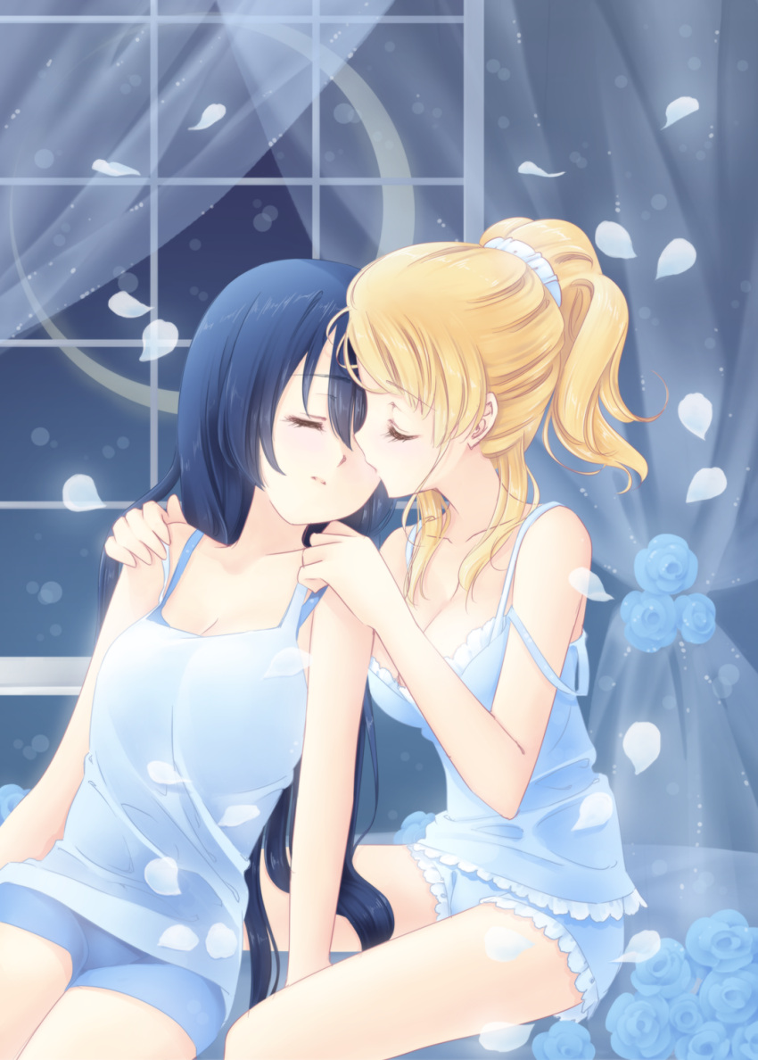 2girls ayase_eli bare_shoulders blonde_hair blue blue_background blue_hair blue_rose closed_eyes collarbone curtains flower highres holding long_hair love_live!_school_idol_project mimori_(cotton_heart) moon multiple_girls open_mouth parted_lips petals ponytail rose shorts sonoda_umi strap_slip yuri