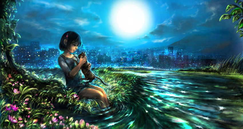 00 1girl black_hair cat city city_lights cityscape clouds dark dress feet_in_water flower full_moon grass hair_ornament hairclip highres holding_animal moon mountain night original partially_submerged petting profile ripples scenery short_hair sitting sky smile soaking_feet solo tree water white_dress