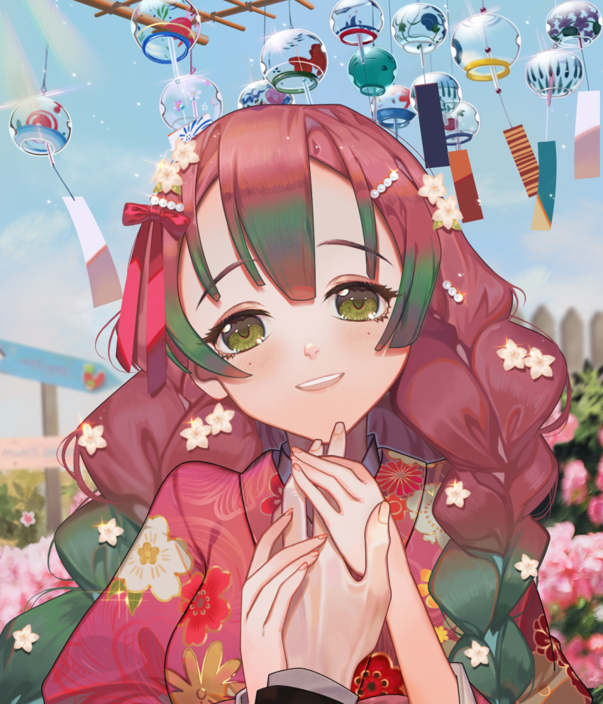 1girl braid flower gradient_hair green_eyes highres holding_hand japanese_clothes kanroji_matsuri kimetsu_no_yaiba kimono long_hair looking_at_viewer mole multicolored_hair open_mouth peach_luo pink_hair solo teeth upper_body wind_chime yukata