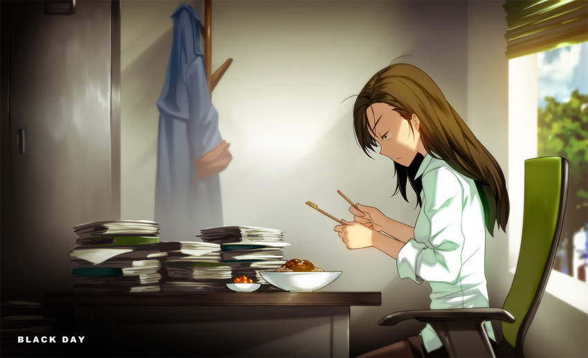 1girl blurry broken_chopsticks brown_hair chair chopsticks closers depth_of_field food from_side kim_yujeong noodles pantyhose paper ress robe sauce sitting sleeves_rolled_up solo sunlight table tree