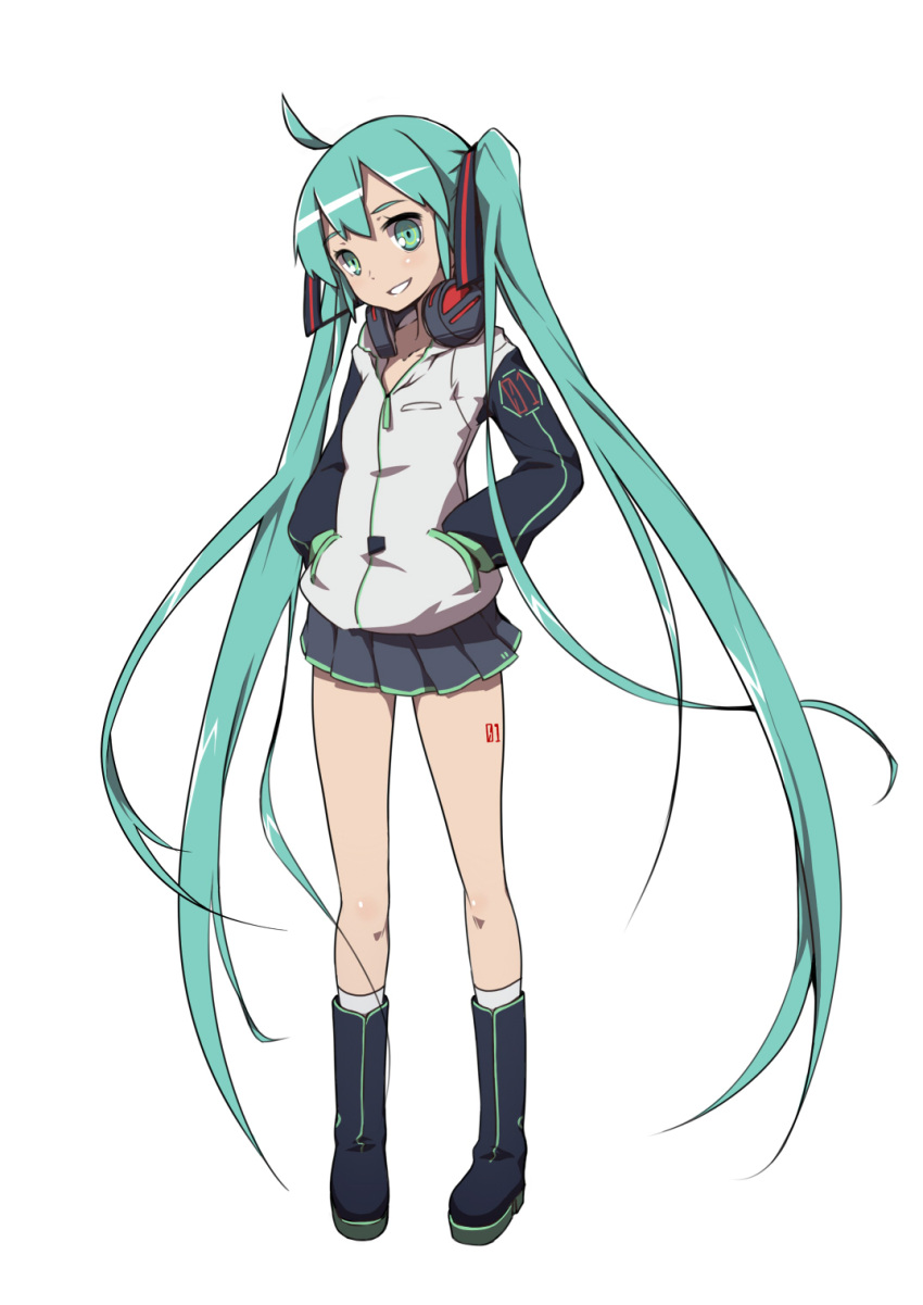 1girl ahoge aize boots green_eyes green_hair hands_in_pockets hatsune_miku headphones headphones_around_neck highres jacket kneehighs long_hair looking_at_viewer ribbon simple_background skirt smile solo tattoo twintails very_long_hair vocaloid white_background
