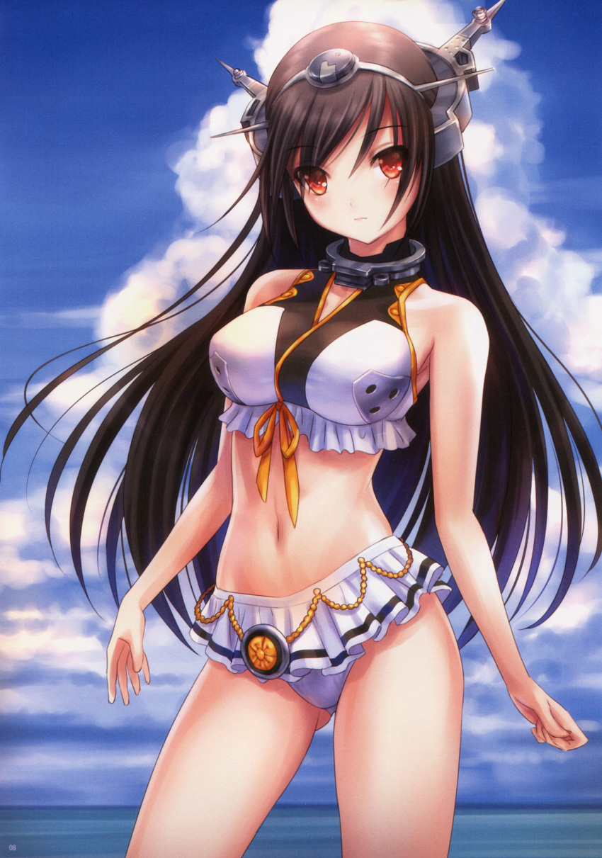 1girl absurdres adapted_costume bare_shoulders beach bikini bikini_skirt black_hair contrapposto goto_p hairband headgear highres kantai_collection long_hair looking_at_viewer nagato_(kantai_collection) navel outdoors red_eyes scan solo swimsuit very_long_hair