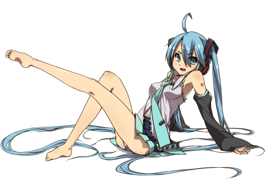 1girl aize arm_support armpits ass barefoot breasts covered_nipples detached_sleeves green_eyes green_hair hatsune_miku headphones headset kneepits leaning_back leg_lift legs long_hair microphone navel necktie open_mouth panties shirt simple_background sitting skirt sleeveless sleeveless_shirt smile solo striped striped_panties twintails underwear very_long_hair vocaloid white_background