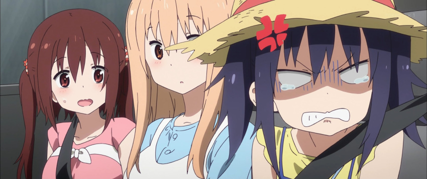 3girls anger_vein doma_umaru ebina_nana highres himouto!_umaru-chan motoba_kirie multiple_girls screencap seatbelt