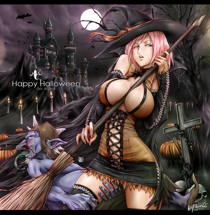 1girl aqua_eyes bat between_breasts breasts broom cape castle cross full_moon goblin halloween hat highres large_breasts moon original pink_hair short_hair skull solo thigh-highs tombstone unbalance witch witch_hat