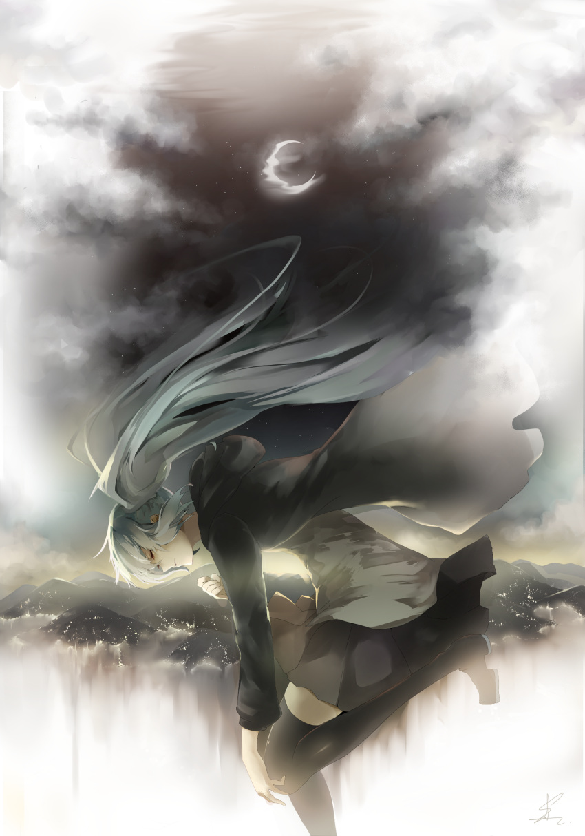 1girl absurdres alternate_costume aqua_hair black_legwear casual city_lights closed_eyes clouds crescent_moon eyelashes floating_hair hatsune_miku highres hill hoodie moon mountain night ocean profile saihate_(artist) scenery signature sky solo star_(sky) thigh-highs twintails vocaloid water