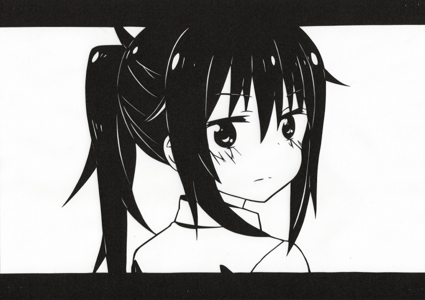 1girl from_behind greyscale himouto!_umaru-chan letterboxed long_hair looking_at_viewer looking_back monochrome motoba_kirie ponytail portrait simple_background solo white_background