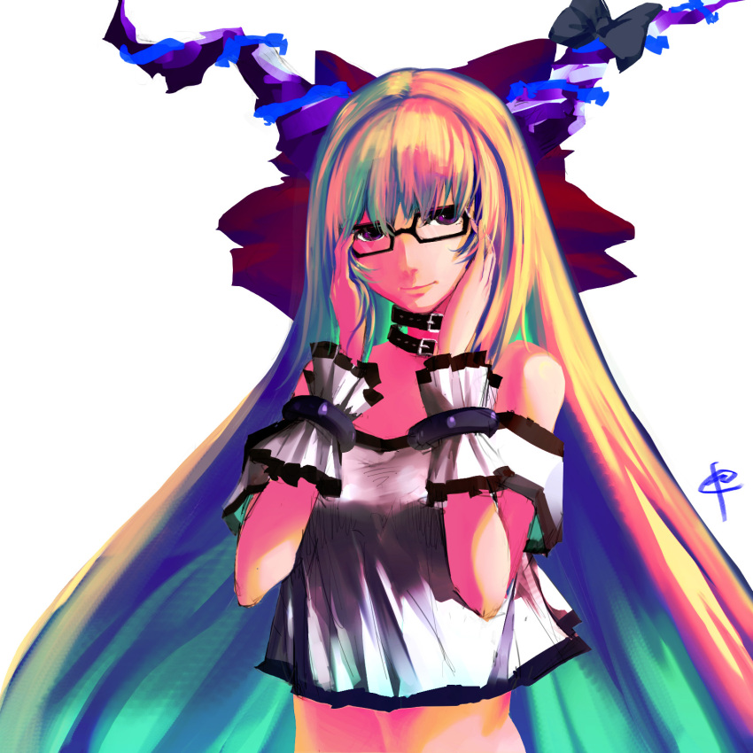 1girl alternate_costume bespectacled black-framed_glasses glasses green_hair hair_ornament hair_ribbon highres horn_ribbon horns ibuki_suika long_hair looking_at_viewer midriff multicolored_hair off_shoulder orange_hair ribbon short_sleeves simple_background solo t-shirt touhou upper_body white_background wrist_cuffs zhanhan