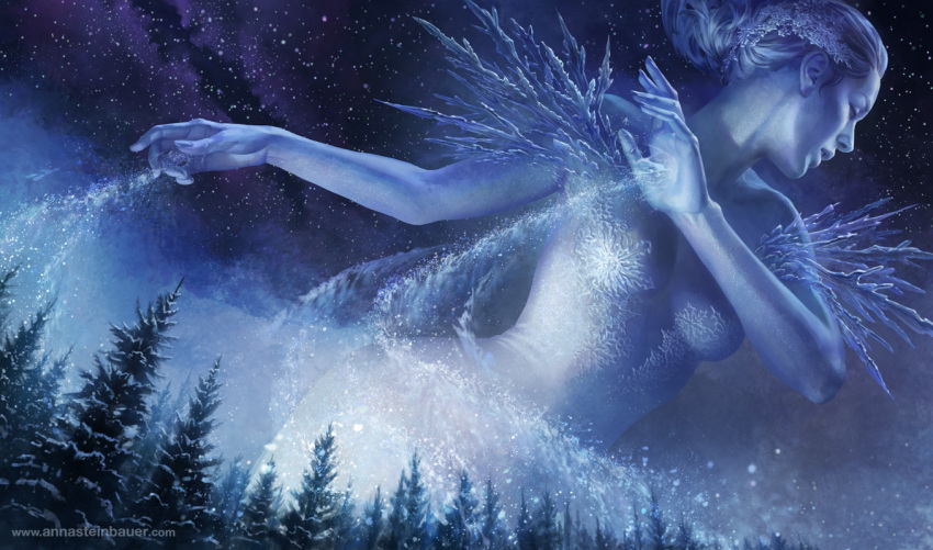 1girl blue breasts closed_eyes depingo fir_tree forest hair_ornament ice monochrome nature night night_sky original parted_lips sky sleeveless snowflakes snowing star_(sky) starry_sky watermark web_address winter