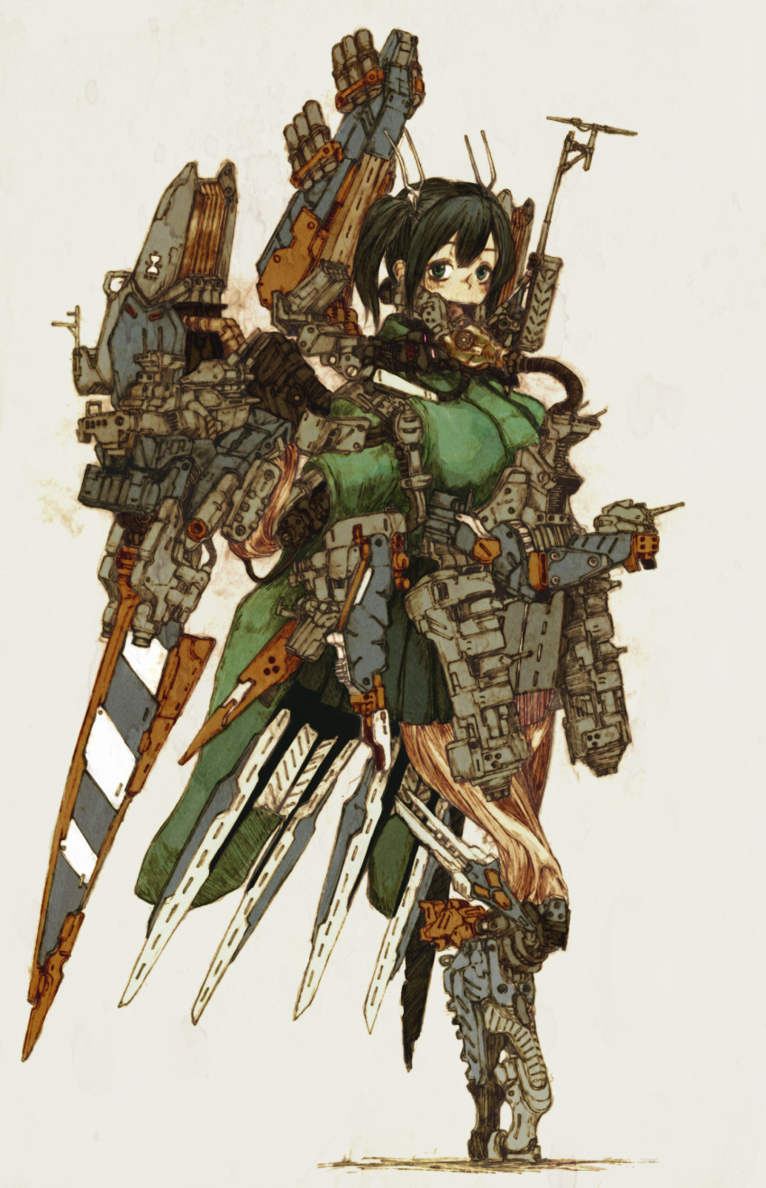 1girl android blue_eyes blue_hair cable flat_gaze highres japanese_clothes kantai_collection looking_at_viewer mecha_musume mechanical_arms mechanical_legs mechanical_parts mechanical_wings megrim_haruyo robot_ears robot_joints short_twintails solo souryuu_(kantai_collection) twintails wings