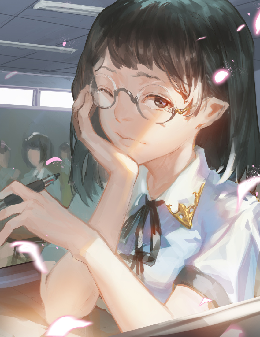 absurdres black_hair cherry_blossoms chin_rest classroom daible desk fluorescent_lamp glasses hand_on_own_chin highres ink_pen looking_at_viewer multiple_girls one_eye_closed original petals pointy_ears ribbon school_desk school_uniform semi-rimless_glasses serafuku short_hair sketch tears under-rim_glasses