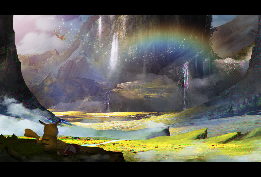 clouds forest ho-oh landscape letterboxed mountain nature no_humans otsumami_(bu-bu-heaven) pikachu poke_ball pokemon pokemon_(anime) pokemon_(creature) rainbow scenery sexual_dimorphism steam water waterfall