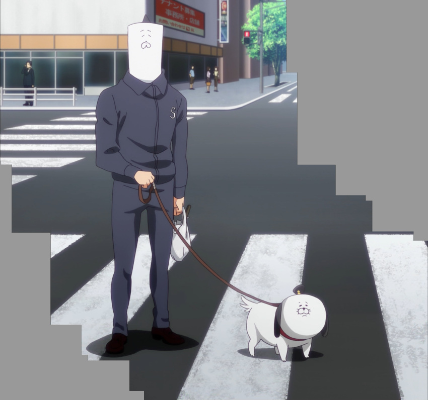 1boy absurdres bag dog grocery_bag highres himouto!_umaru-chan jacket leech road screencap shopping_bag