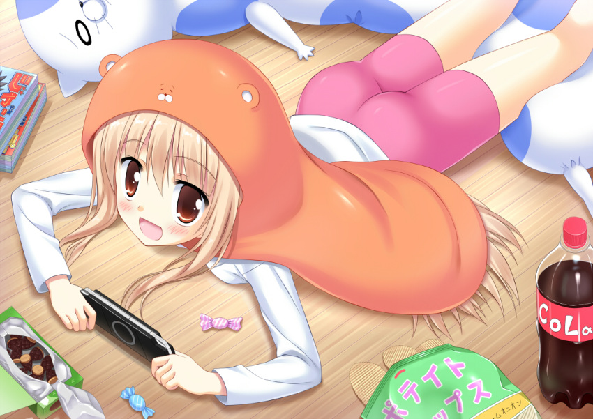 1girl blonde_hair blush bottle brown_eyes candy chips doma_umaru food hamster_costume handheld_game_console himouto!_umaru-chan hinata_keiichi hood long_hair looking_at_viewer lying on_stomach open_mouth playing_games playstation_portable shorts smile soda solo stuffed_animal