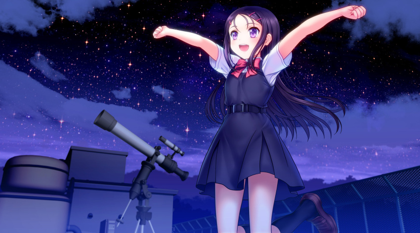 1girl :d black_hair charlotte_(anime) hair_ornament hairclip highres jumping long_hair mutsuki_(moonknives) night night_sky open_mouth otosaka_ayumi outstretched_arms school_uniform sky smile solo spread_arms telescope violet_eyes