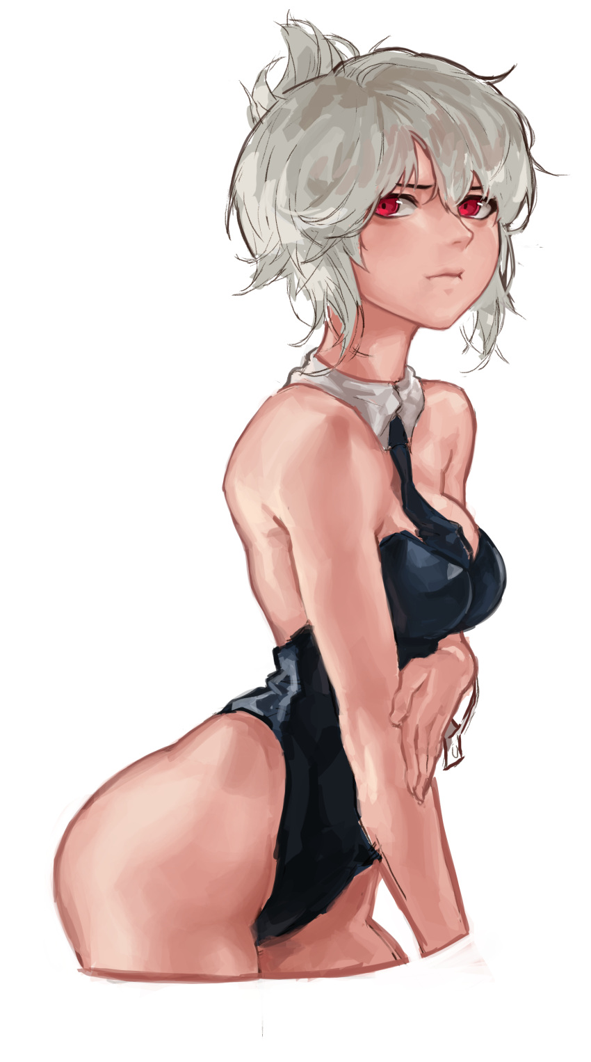 1girl :i absurdres alternate_costume arm_grab bare_legs breasts bugs_(artist) cleavage folded_ponytail from_side highres league_of_legends leotard looking_at_viewer necktie red_eyes riven_(league_of_legends) silver_hair solo