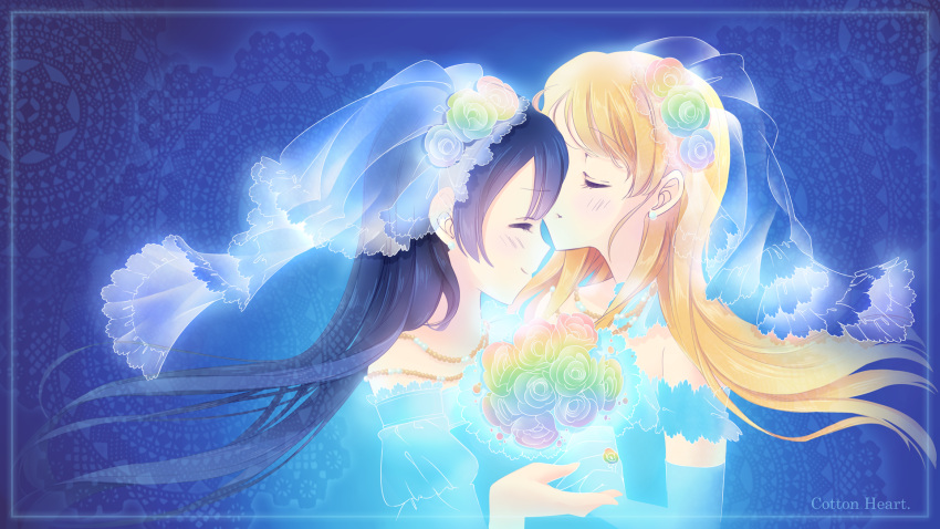 2girls ayase_eli bangs blonde_hair blue_hair blush bouquet closed_eyes earrings flower gloves hair_down hair_ornament highres jewelry long_hair love_live!_school_idol_project mimori_(cotton_heart) multiple_girls necklace rainbow sonoda_umi wedding wife_and_wife yuri