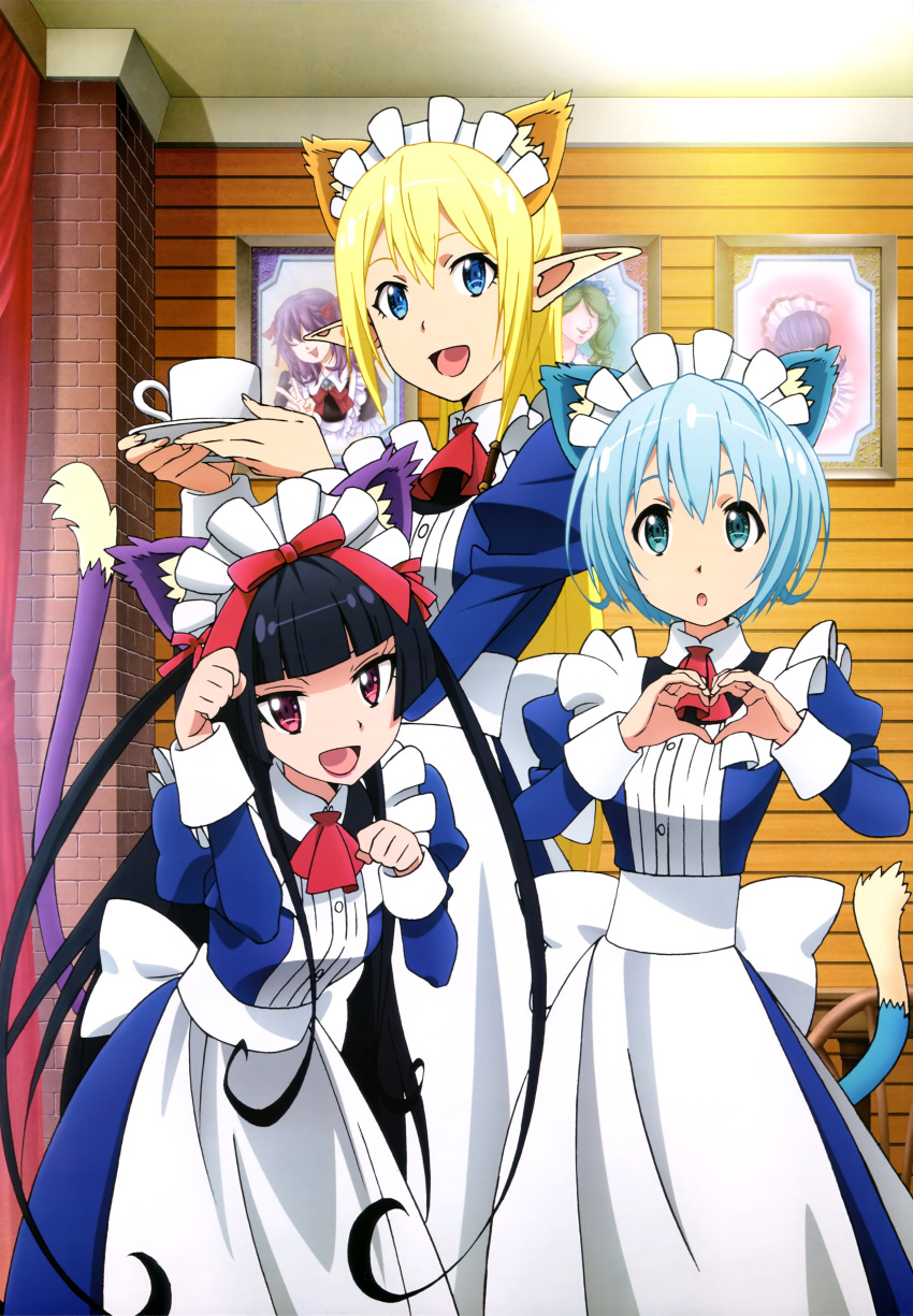 3girls absurdres black_hair blonde_hair blue_eyes blue_hair gate_-_jieitai_ka_no_chi_nite_kaku_tatakaeri highres lelei_la_lalena long_hair maid multiple_girls nyantype official_art paw_pose pointy_ears rory_mercury tuka_luna_marceau