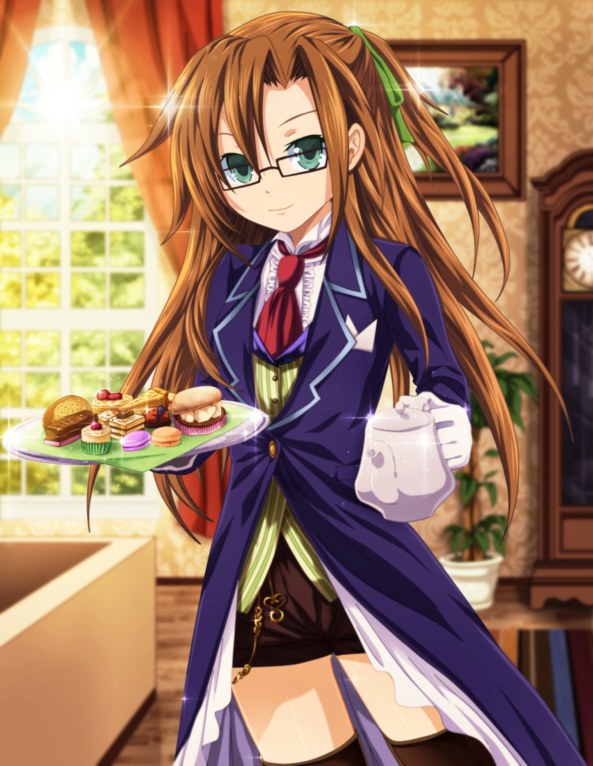 1girl absurdres alternate_costume bow brown_hair butler cake food glasses green_eyes hair_bow hair_ornament highres huge_filesize if_(choujigen_game_neptune) long_hair necktie neptune_(series) planeptune ribbon teapot