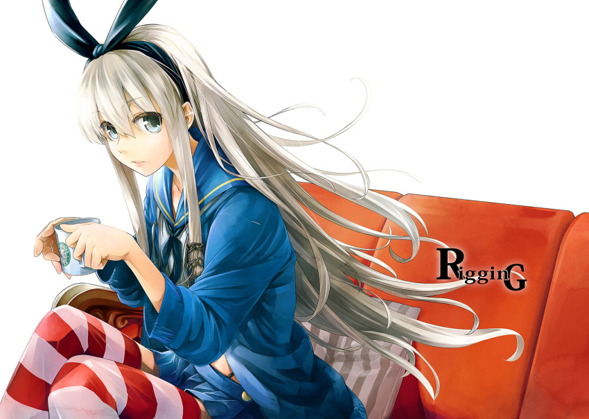 1girl bangs blue_bow blue_skirt bow chain couch cup grey_eyes hairband highleg highleg_panties jacket kantai_collection long_hair looking_at_viewer miishi_jun miniskirt mug panties parted_lips pillow pink_lips pleated_skirt shimakaze_(kantai_collection) simple_background sitting skirt solo striped striped_legwear striped_pillow text underwear white_background