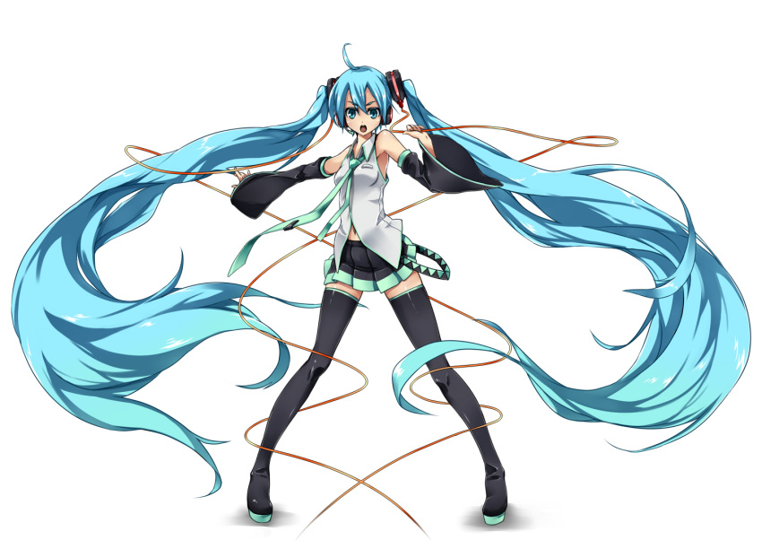 1girl absurdly_long_hair ahoge aize armpits boots detached_sleeves green_eyes green_hair hatsune_miku headphones headset long_hair microphone navel necktie open_mouth outstretched_arms shirt simple_background skirt sleeveless sleeveless_shirt solo standing thigh_boots thighhighs twintails very_long_hair vocaloid white_background wire