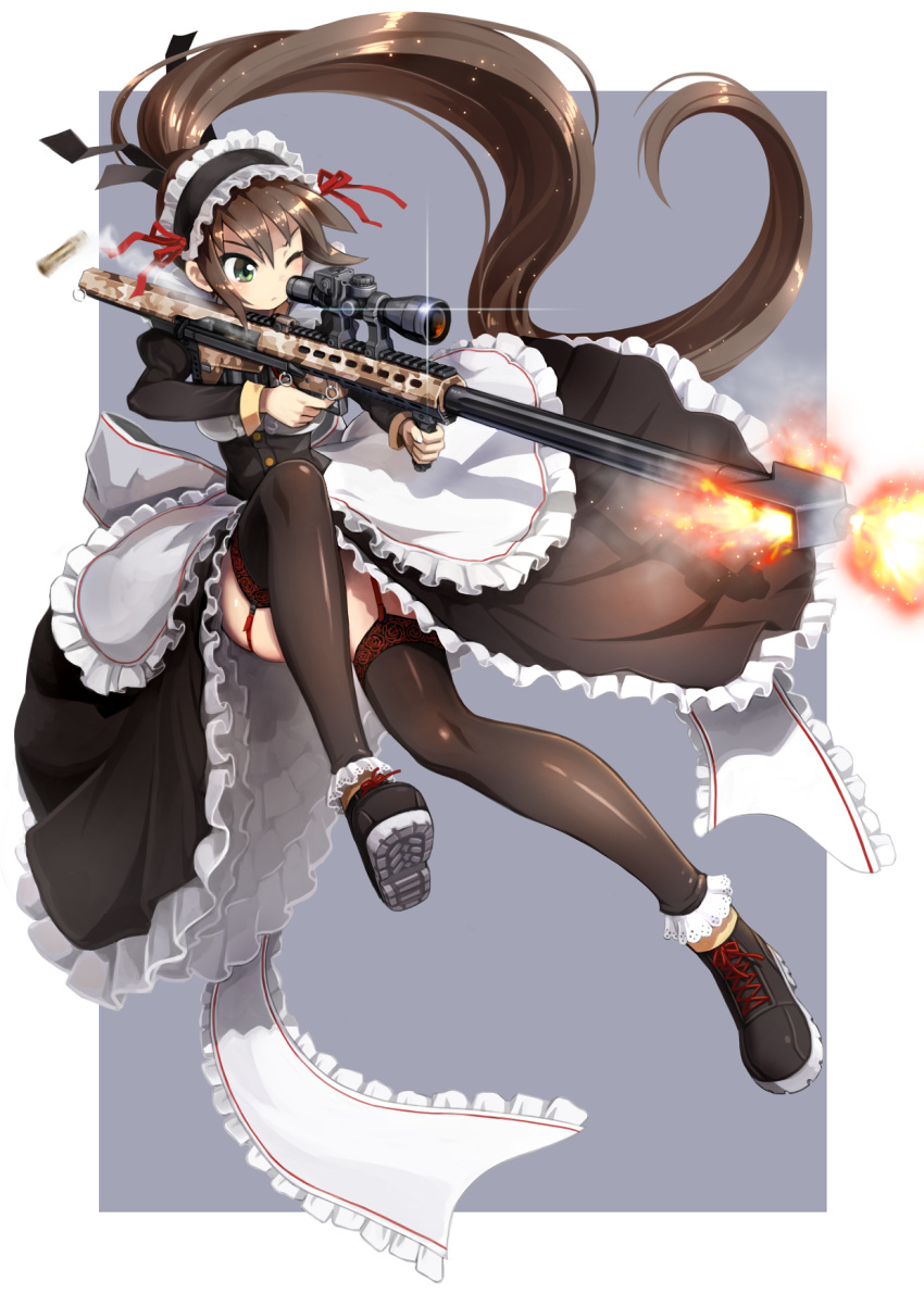 1girl aiming anti-materiel_rifle apron bail bangs barrett_m82 black_dress black_legwear black_ribbon black_shoes blush border bow brown_hair bullet camouflage closed_mouth cross-laced_footwear dress fire firing frilled_apron frilled_dress frills frown full_body garter_straps green_eyes grey_background gun highres holding_weapon lace lens_flare long_hair long_sleeves maid maid_headdress motion_blur one_eye_closed ponytail puffy_sleeves red_bow red_ribbon ribbon rifle shoes smoke sniper_rifle solo thigh-highs very_long_hair weapon