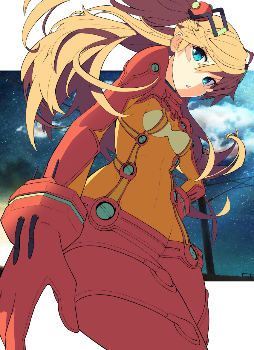 1girl :o bangs blue_eyes blush_stickers bodysuit bracer clouds covered_navel cowboy_shot floating_hair foreshortening from_below gloves hair_between_eyes hair_ornament hairpods hand_on_hip highres hips hyasumasa long_hair looking_at_viewer looking_down neon_genesis_evangelion night night_sky open_mouth orange_hair pilot_suit plugsuit power_lines rebuild_of_evangelion see-through shikinami_asuka_langley sky small_breasts solo souryuu_asuka_langley star_(sky) starry_sky telephone_pole test_plugsuit turtleneck two_side_up