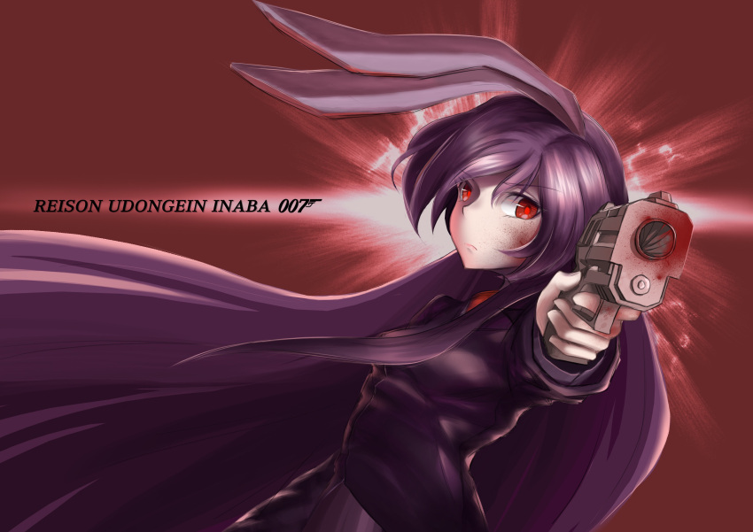 1girl absurdres aiming animal_ears blazer blood blood_on_face bloody_weapon character_name expressionless gun highres james_bond_(series) joey&amp;joe long_hair long_sleeves looking_at_viewer looking_to_the_side necktie purple_hair purple_skirt rabbit_ears red_background red_eyes red_necktie red_pupils reisen_udongein_inaba skirt solo touhou typo very_long_hair weapon