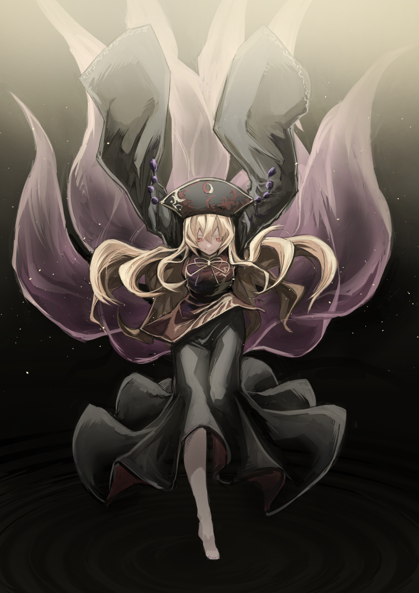 1girl absurdres arms_up black_dress blonde_hair chinese_clothes dress hair_ornament highres junko_(touhou) long_hair long_sleeves mephist-pheles red_eyes sash sleeves_past_wrists solo tabard touhou wide_sleeves