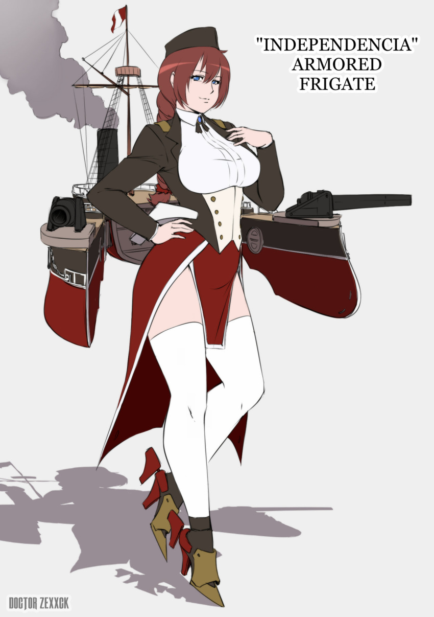 1girl artist_name bangs blue_eyes braid breasts brooch buttons cannon character_name doctorzexxck flag flat_color frigate_independencia from_side full_body garrison_cap greaves hand_on_hip hand_on_own_chest hat high_heels highres jewelry kantai_collection large_breasts light_smile long_hair long_sleeves looking_at_viewer machinery original pelvic_curtain peru redhead shadow simple_background single_braid skirt smile solo thigh-highs thighs underbust uniform weapon white_background white_legwear