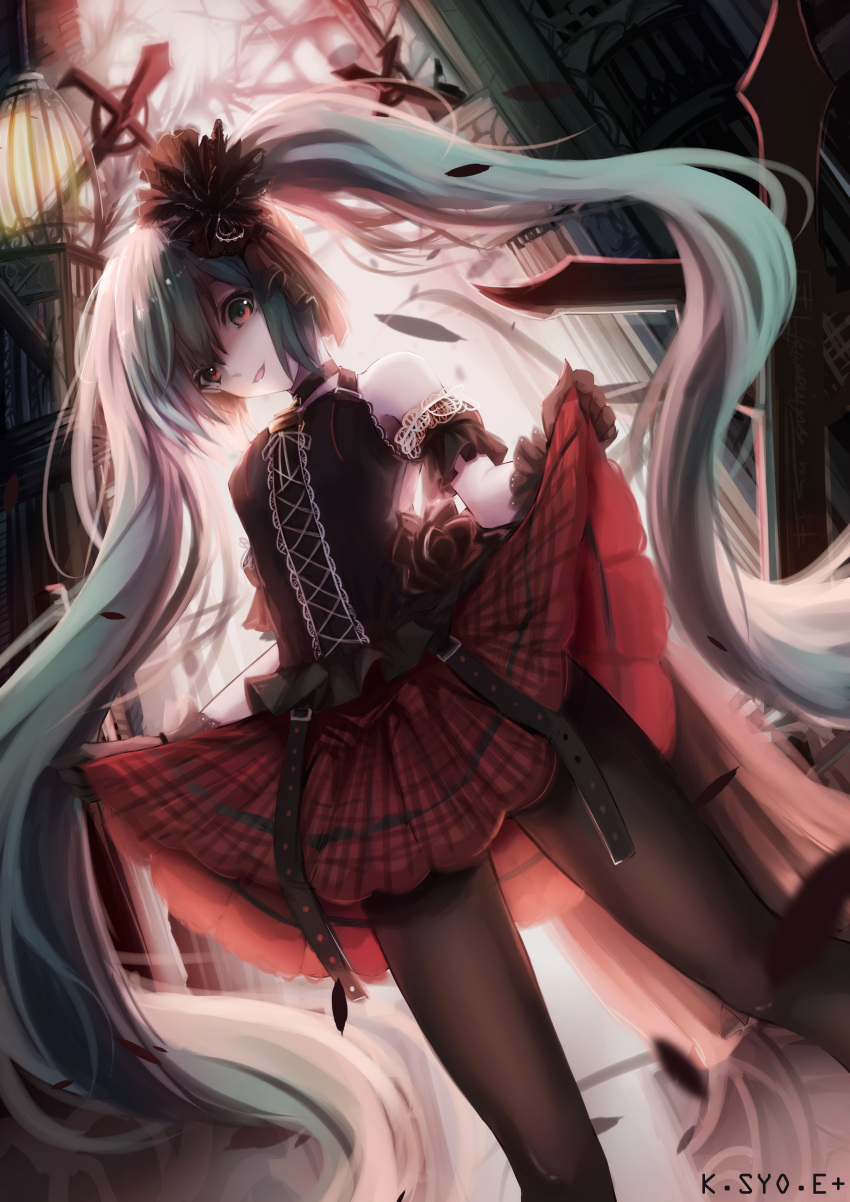1girl absurdres artist_name bare_shoulders choker cross cross-laced_clothes gloves gothic green_hair hair_ornament hatsune_miku highres k.syo.e+ long_hair looking_at_viewer original pantyhose plaid plaid_skirt red_eyes skirt skirt_lift solo twintails very_long_hair vocaloid