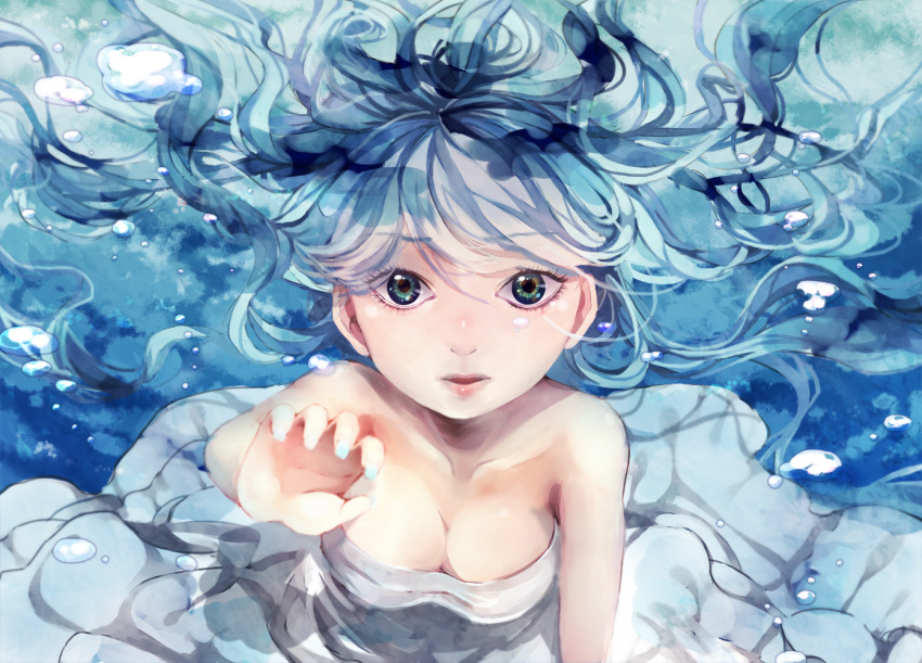 1girl air_bubble blue_eyes blue_hair breasts cleavage dress humo3104 long_hair looking_at_viewer nail_polish original outstretched_arm parted_lips solo strapless_dress underwater white_dress