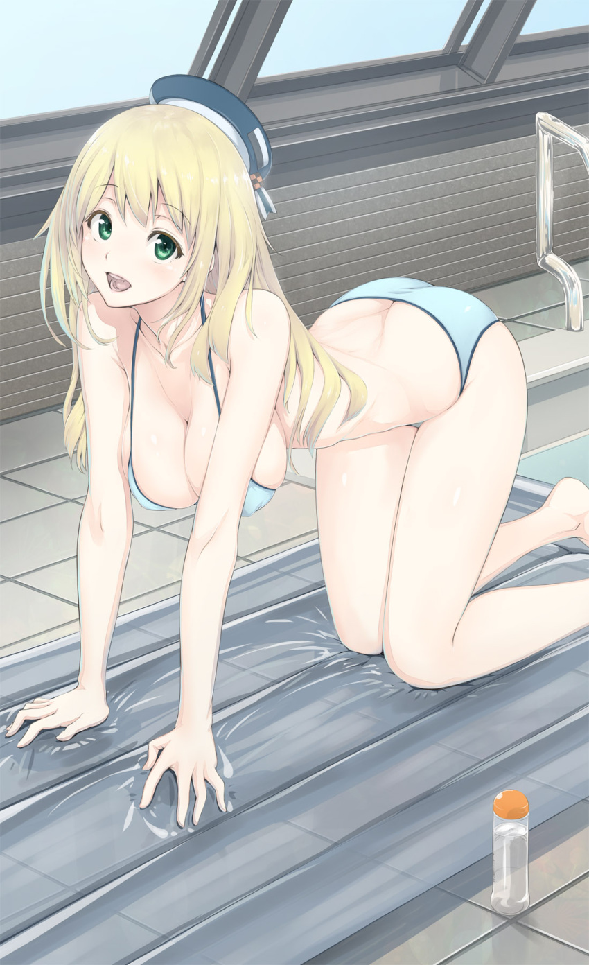1girl :d air_mattress all_fours atago_(kantai_collection) beret blonde_hair breasts green_eyes hat highres kantai_collection long_hair lotion open_mouth pool_ladder rei_no_pool smile solo swimsuit tagme tile_floor tiles urigarasu