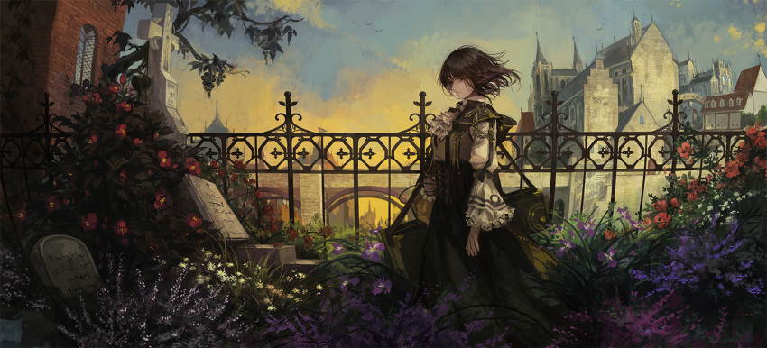 1girl arch arms_at_sides ascot bangs bird black_eyes black_hair black_skirt bodice brick_wall building camellia_(flower) case church clouds cravat cross fence floating_hair flower frills from_side garden graveyard holding iris_(flower) lily_fairy long_sleeves looking_to_the_side original outdoors plant red_rose rose short_hair skirt sky solo standing tombstone wide_sleeves wind window